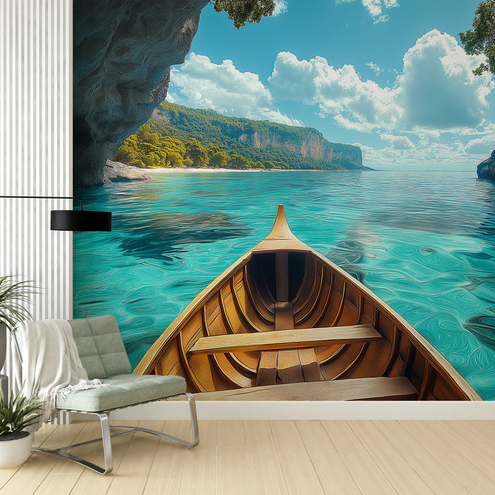 Muraaltapeet merevaade | Rahustav vaade türkiissinisele veele ja puidust paadile