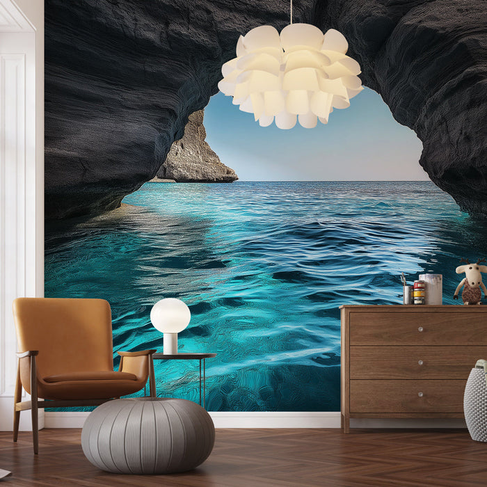 Tapet marine landskab | Beroligende udsigt over et turkis hav gennem en stenet bue