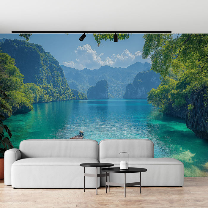 Mural Wallpaper marine landscape | Soothing view of a turquoise sea surrounded by lush green mountains
