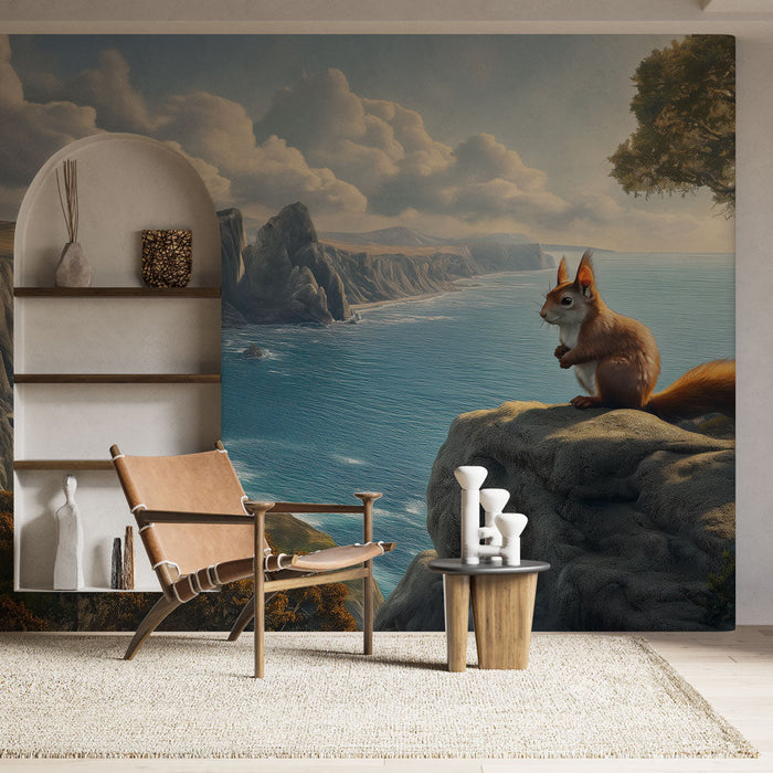 Papel pintado paisaje marino | Vista costera con una ardilla en una roca