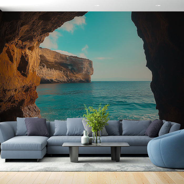 Falfestmény tengeri táj | Nyugodt kilátás egy sziklás öbölre és a türkizkék tengerre