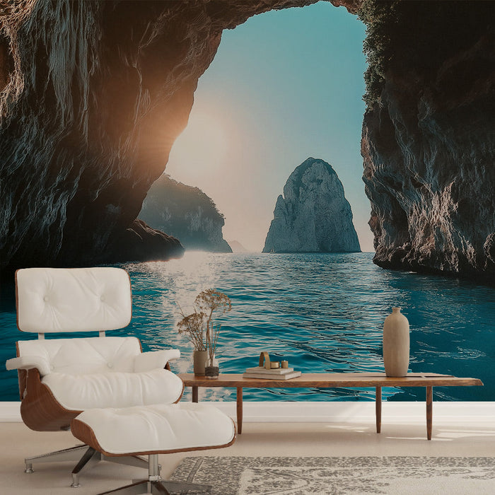 Falfestmény tengeri táj | Lenyűgöző kilátás sziklás szigetcsoportokra naplementekor