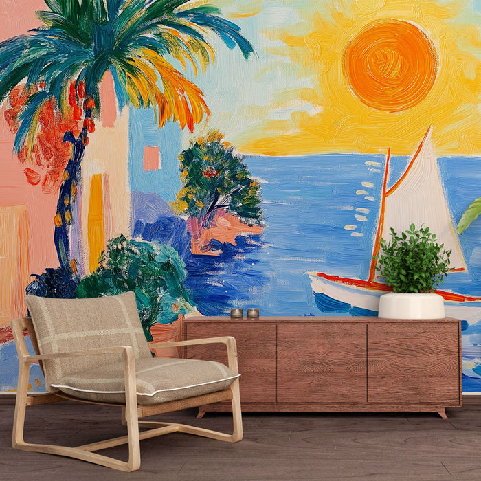 Тапет с морски пейзаж | Цветна морска сцена с ветроходка и ярко слънце