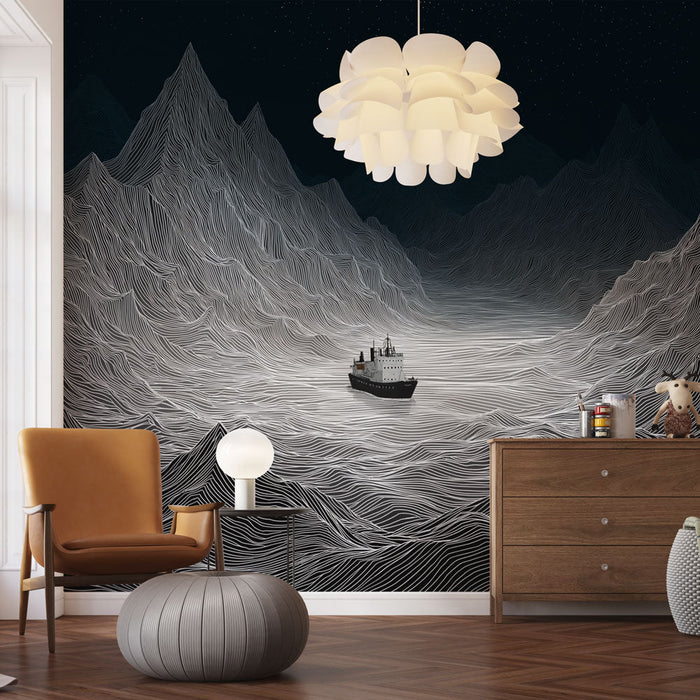 Fototapet morska krajina | Valovi v črno-beli barvi s čolnom v nočnem samostanu