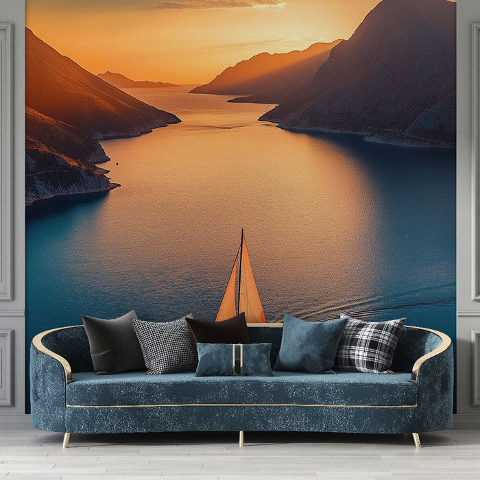 Papel de parede paisagem marítima | Barco a vela em um lago ao pôr do sol