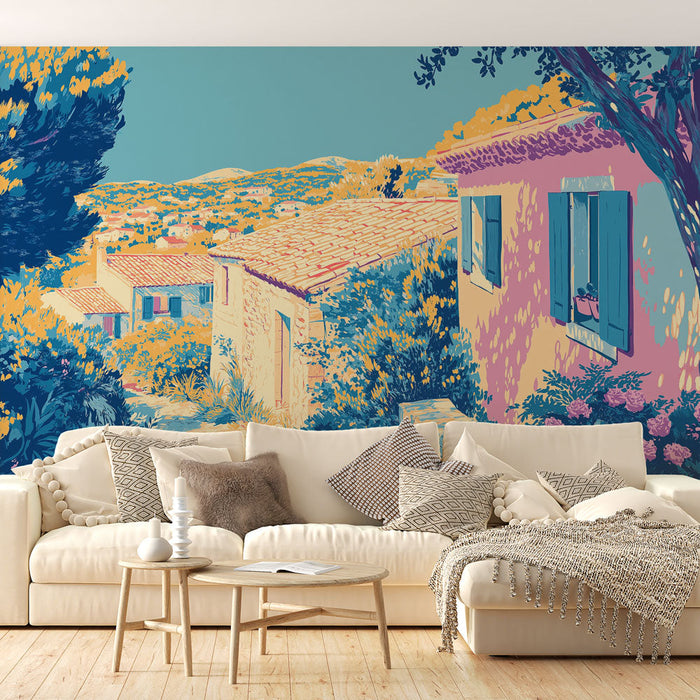 Carta da parati Paesaggio Mediterraneo | Vicoli Colorati e Vegetazione Rigogliosa