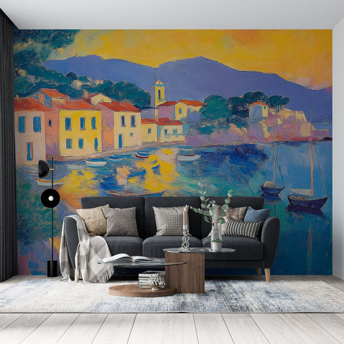 Tapete Mediterrane Landschaft | Lebendige Farben eines Hafens bei Dämmerung