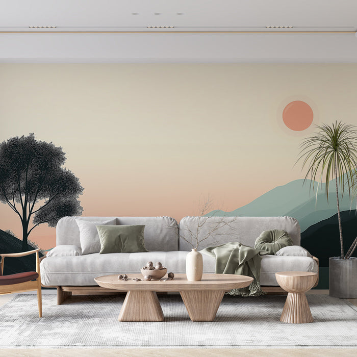 Тапет с минималистичен пейзаж | Самотно дърво до водата на залез