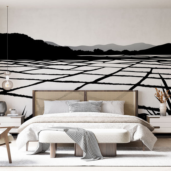 Mural Wallpaper minimalist landscape | Black and white rice fields