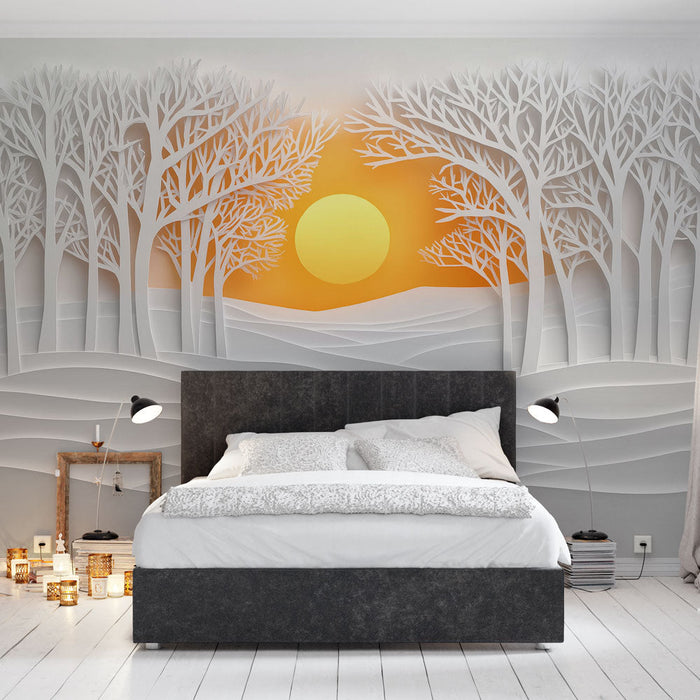 Tapeta minimalistyczny pejzaż | Biały las z zachodzącym słońcem