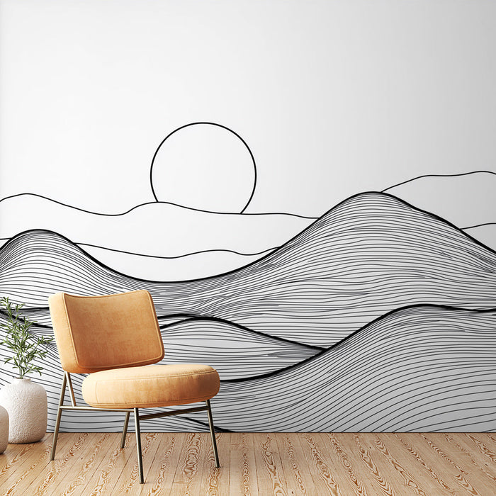 Tapete minimalistisches Landschaftsbild | Wellenlinien und Sonne