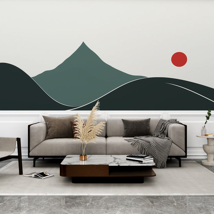 Tapete minimalistisches Landschaftsbild | Berge und rote Sonne