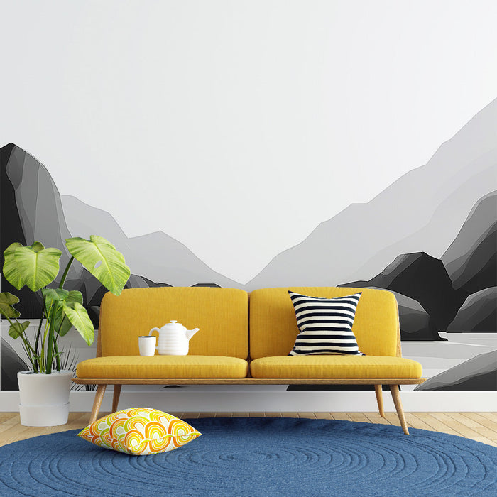 Papel pintado paisaje minimalista | Rocas estilizadas al borde de un agua tranquila