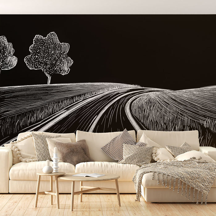 Foto Behang minimalistisch landschap | Slingerende weg en gestileerde bomen op zwarte achtergrond