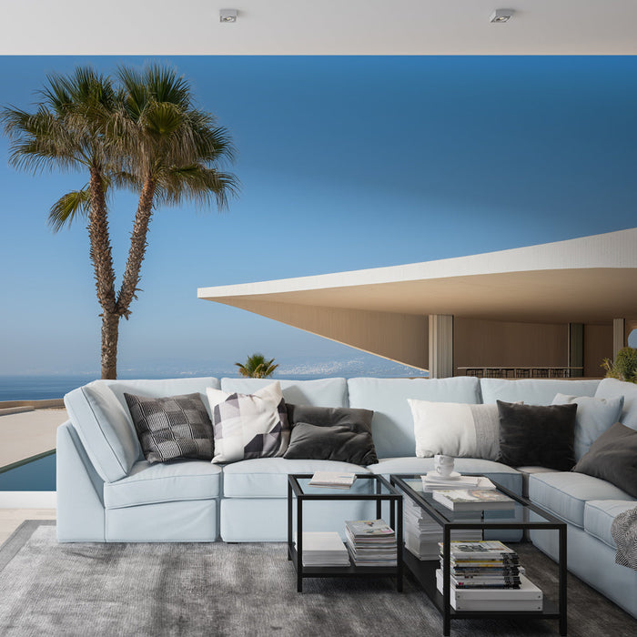 Carta da parati paesaggistica | Villa contemporanea con piscina e palme