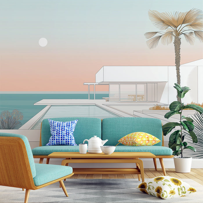 Tapete модерен пейзаж | Вили на морето с палмови дървета и пастелен залез
