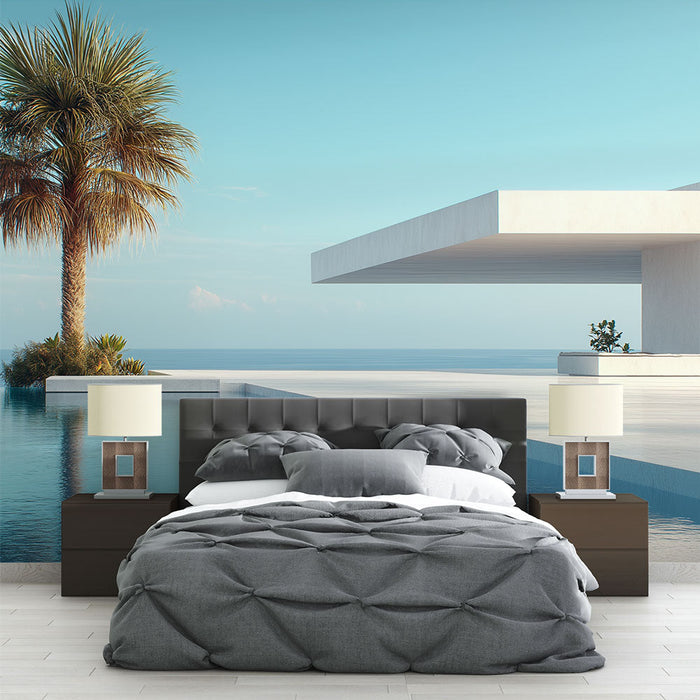 Tapete τοπίο μοντέρνου τοιχογράφου | Καταπραϋντική θέα ενός απεράντου πισίνας και φοίνικα δίπλα στη θάλασσα