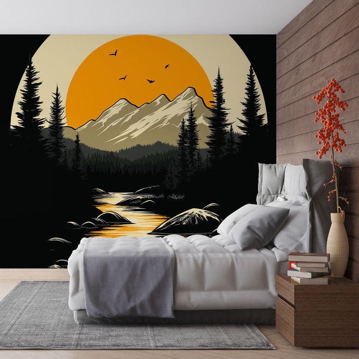 Tapete τοπίο βουνού | Βουνά στο ηλιοβασίλεμα με ρέμα