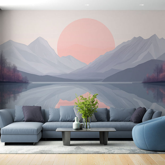 Fotótapéta hegyvidéki tájkép | Pasztelek hegyek és naplemente tükröződik a vízben