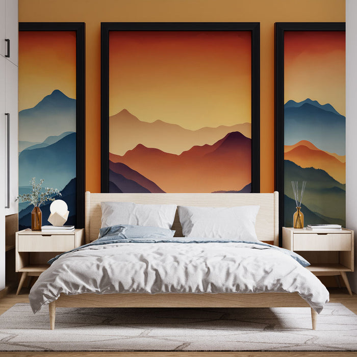 Tapete τοπίο βουνού | Σειρά ζωγραφικής με φθίνοντες τόνους πορτοκαλί και μπλε