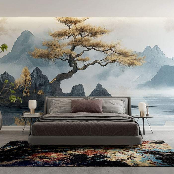 Fototapet οροσειράς βουνού | Ευαίσθητο δέντρο απέναντι από ένα καταπραϋντικό βουνό.