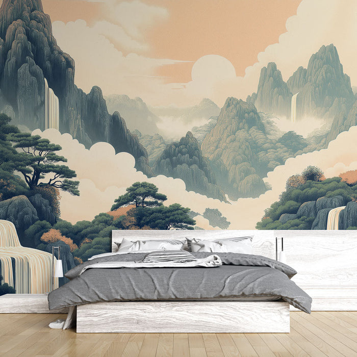 Berglandschaft Tapete | Wasserfälle und Wolken bei Sonnenuntergang