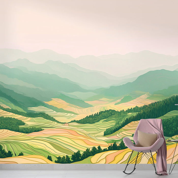 Tapeta planinski krajolik | Terasirana polja i maglovite planine