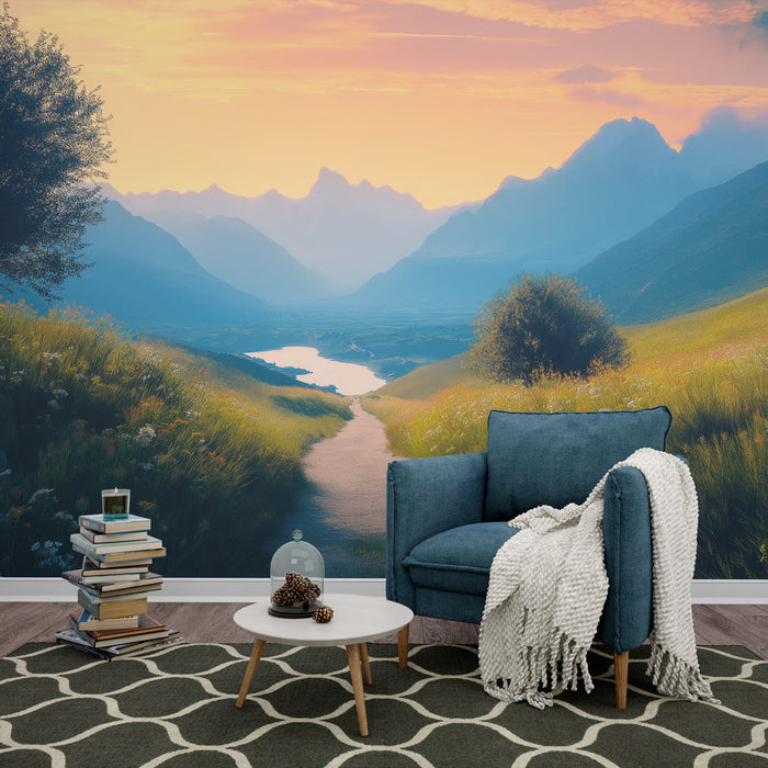 Carta da parati paesaggio di montagna | Sentiero tortuoso attraverso la valle in fiore