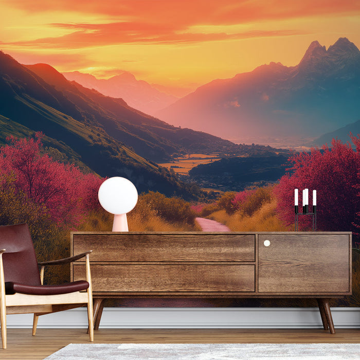 Fototapet dağ manzarası | Pembe çiçeklerle çevrili virajlı yol ve görkemli dağlar