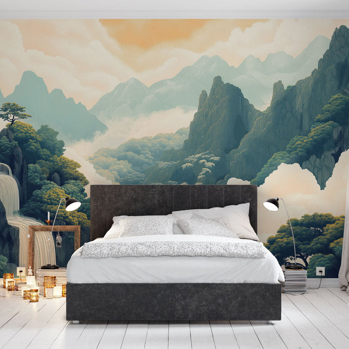 Tapete Landschaftsbild | Wasserfälle und nebelige Berge