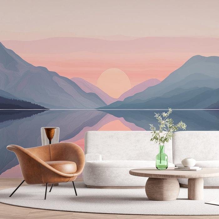 Fotótapé hegyi tájkép | Pasztell naplemente tükröződik a tóban