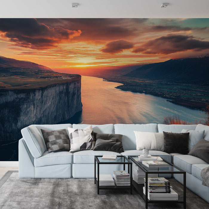 Tapeta z krajobrazem górskim | Spektakularny zachód słońca nad doliną otoczoną klifami