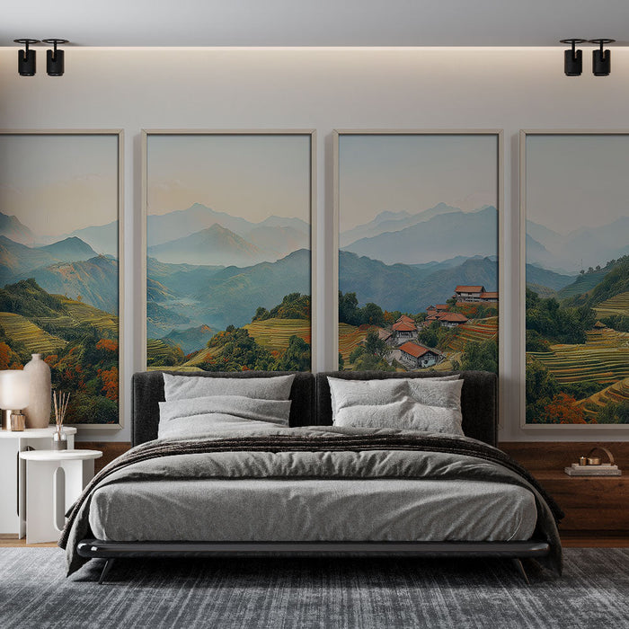 Fototapet planinskog krajolika | Panoramski ukras terasiranih rižinih polja i sela