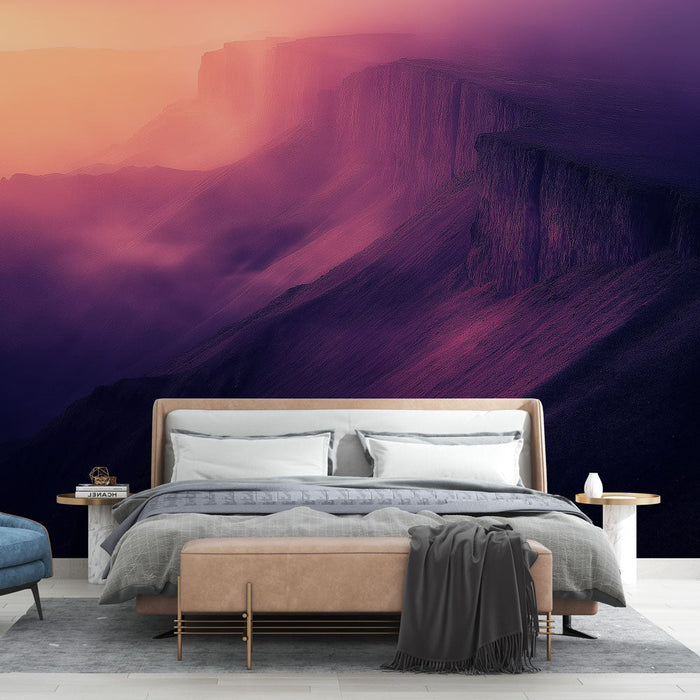 Tapetti vuoristomaisema | Violetti ja oranssi sävyt auringonlaskussa