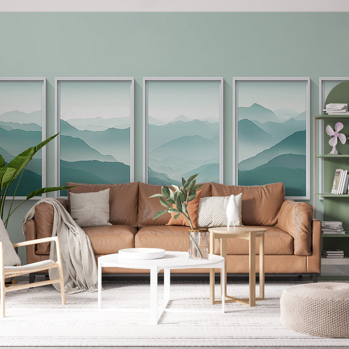 Maalitud tapeet mägimaastik | Pehmed rohelised ja sinised toonid