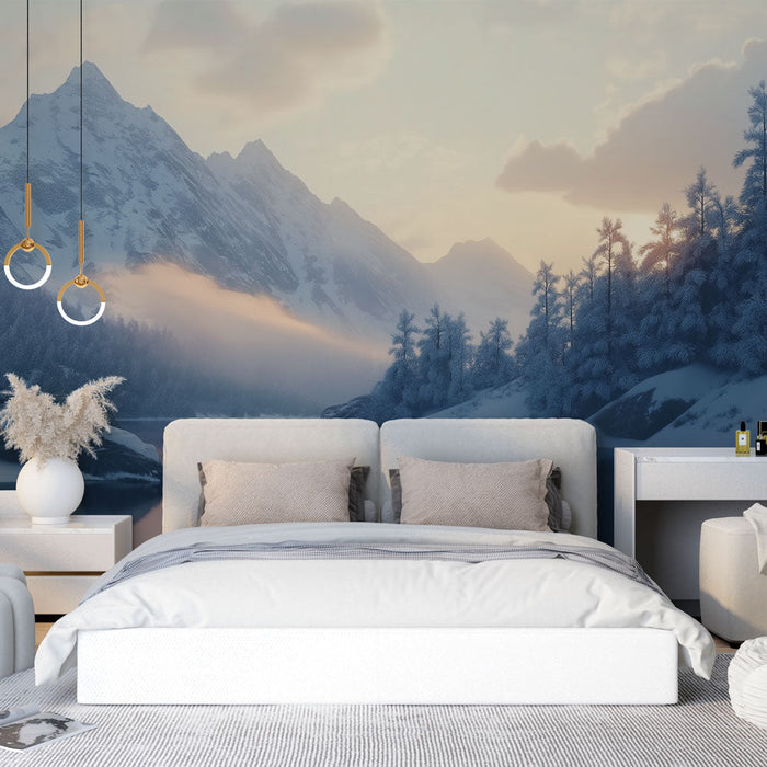 Fototapet snötäckt bergslandskap | Ett lugnande vinterpanorama med majestätiska berg och en fridfull sjö