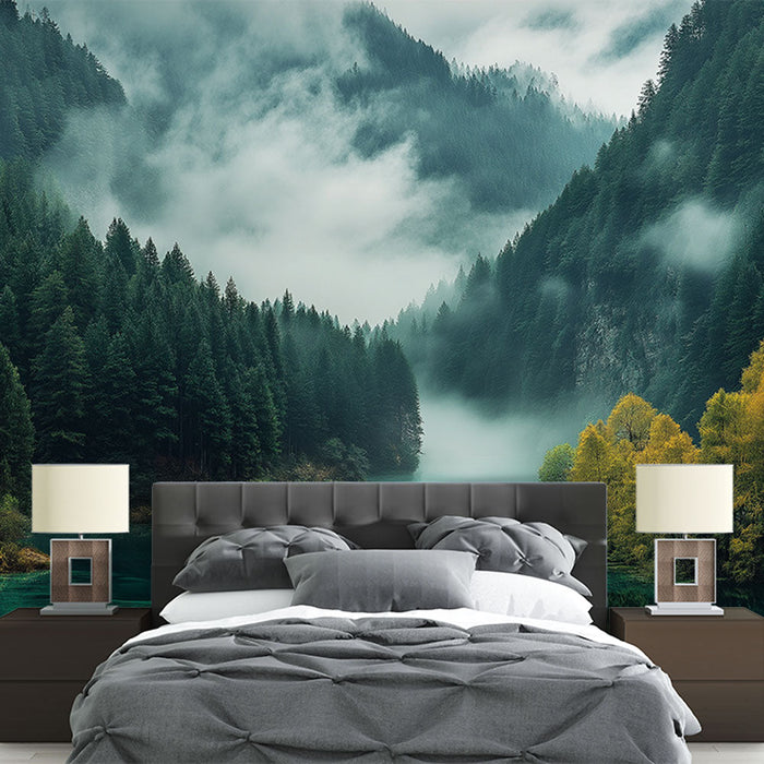 Fototapet bjerglandskab | Tæt skov og tåget sø