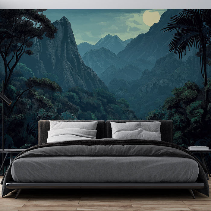 Fototapet dağ manzarası | Parlak ay altında yoğun orman
