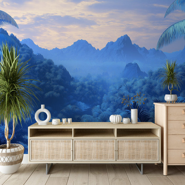 Fototapet bjerglandskab | Blå tropisk skov ved skumring