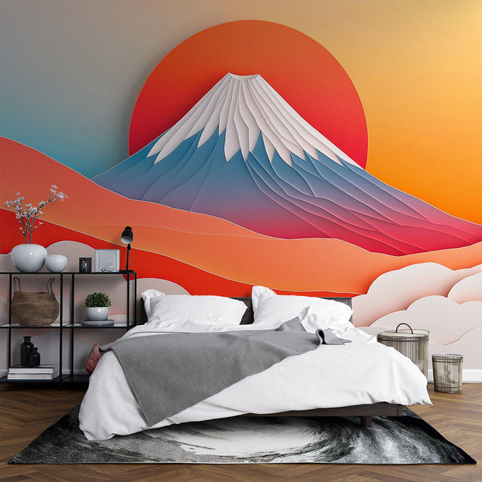 Falfestmény tapéta hegyi táj | Stilizált illusztráció a Fuji-hegyről napfelkeltekor