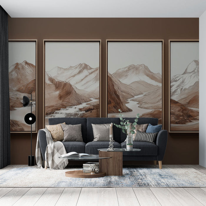 Mural Wallpaper planinski pejzaž | Ilustracije u smeđim tonovima planina i rijeka