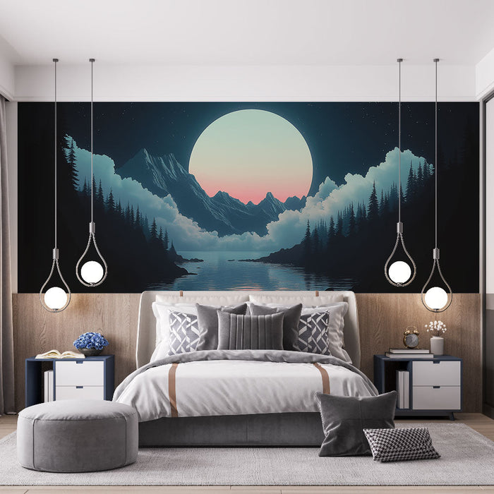 Tapet peisaj montan | Lună iluminată deasupra unui lac liniștit