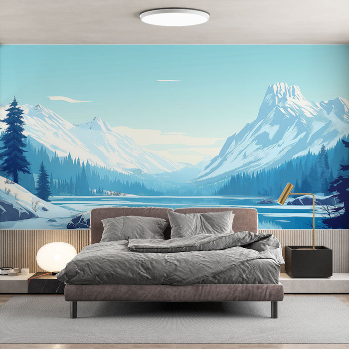 Фототапет планински пейзаж | Прекрасно заснежено езеро, заобиколено от спокойни планини