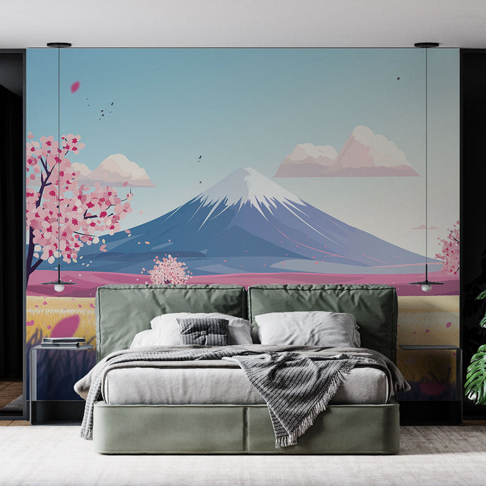 Tapeta horská krajina | Vznešená hora s kvetoucími třešněmi