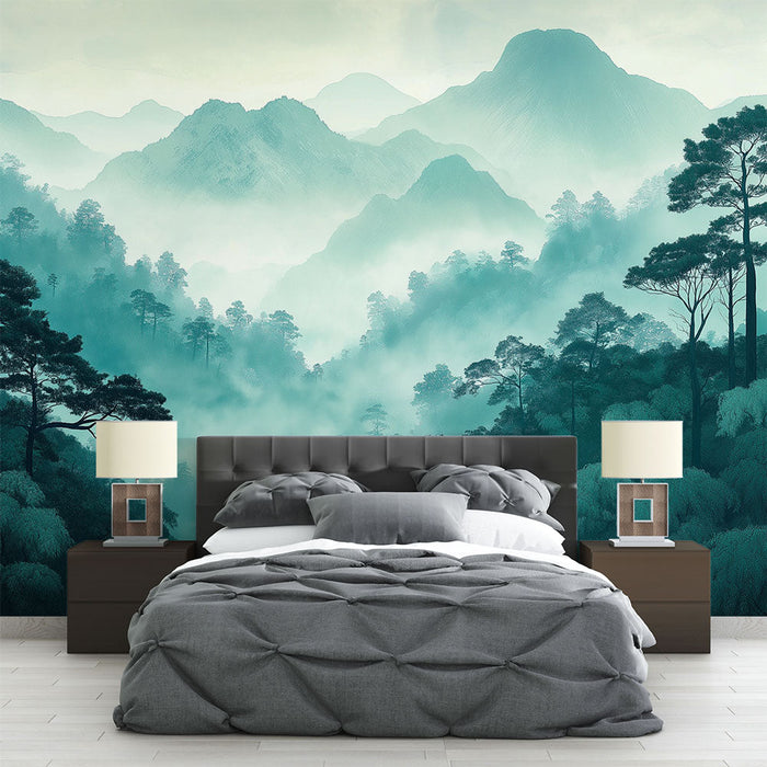 Fototapet fjellandskap | Tåkete fjell og grønne skoger