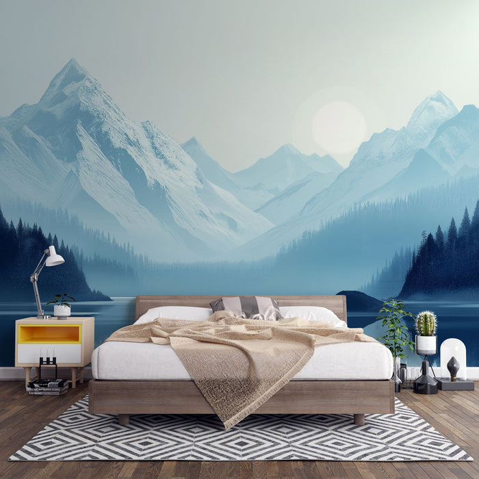 Ταπετσαρία τοπίου με βουνά | Χιονισμένα βουνά και ήρεμη λίμνη