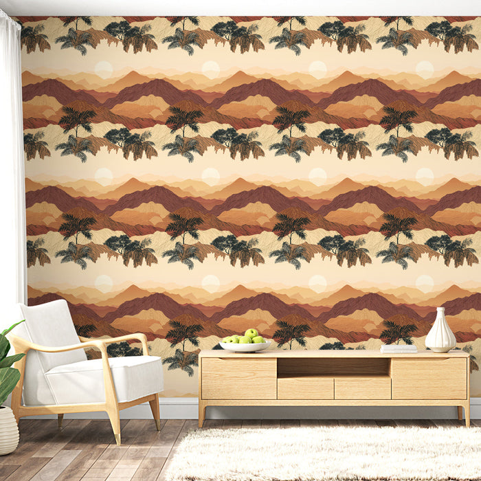 Hegyi tájkép tapéta | Hegyi és pálmafás motívumok meleg tónusokban