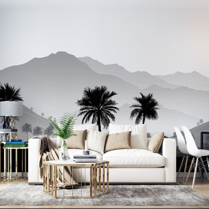 Tapet peisaj montan alb negru | Siluete de palmieri și munți în gradient gri