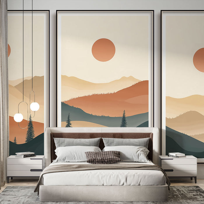 Tapeta planinski pejzaž | Apstraktni pejzaž s planinama i toplim suncem