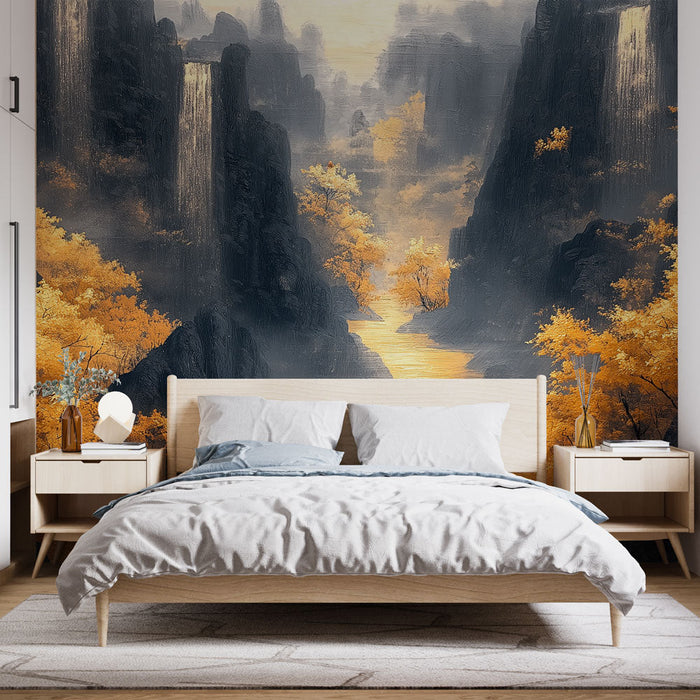 Tapete Berglandschaft | Goldener Fluss und neblige Wasserfälle